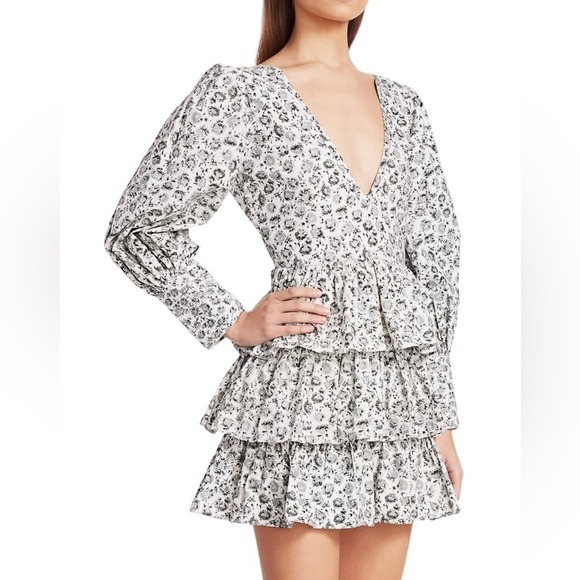 LoveShackFancy Paris Dandelion-Print Puff-Sleeve Mini A-Line Dress 2 Gray White - Picture 1 of 14